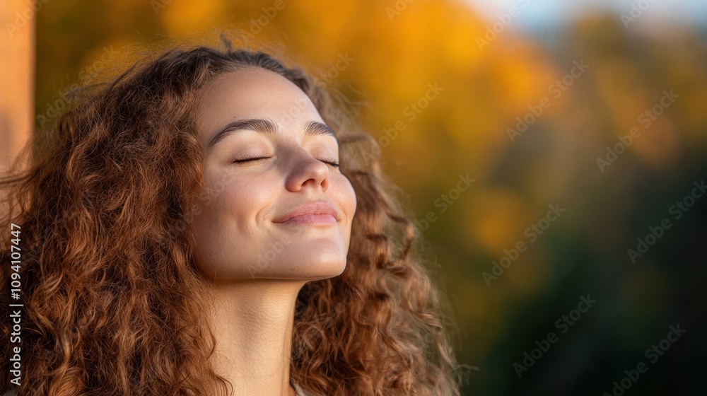 Naklejka premium A serene woman enjoys gentle sunlight, her closed eyes and tranquil smile reflecting peace and the warmth of a golden afternoon glow.
