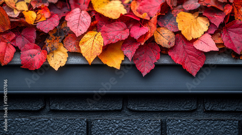 autumn leaves filling a residential gutter before winter season begins, capturing the transition from fall to winter as vibrant foliage decays, highlighting seasonal change and home maintenance photo