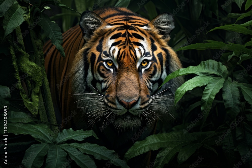 Fototapeta premium Hyper-Realistic Portrait of a Tiger in Jungle Setting
