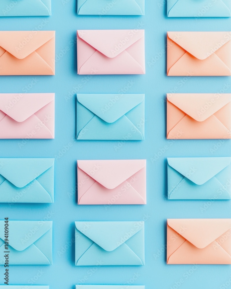 A colorful arrangement of pastel envelopes on a blue background, creating a visually pleasing and organized pattern. A colorful arrangement of pastel envelopes on a blue background, creating a visually pleasing and organized pattern.