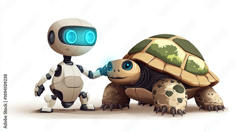 Fototapeta premium Robot reaching out to a friendly turtle