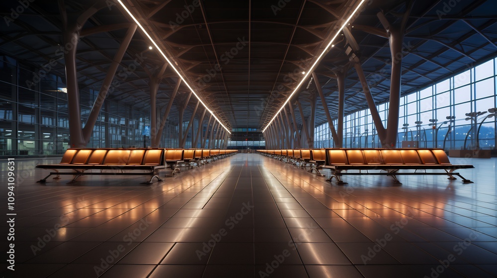 Deserted Airport Terminal with Rows of Seating at Night Deserted Airport Terminal with Rows of Seating at Night