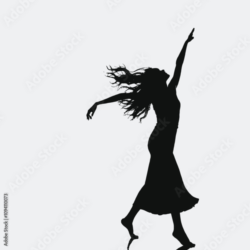 A black silhouette of a woman standing with arms outstretched in a joyous or freeing pose, set against a clean white background