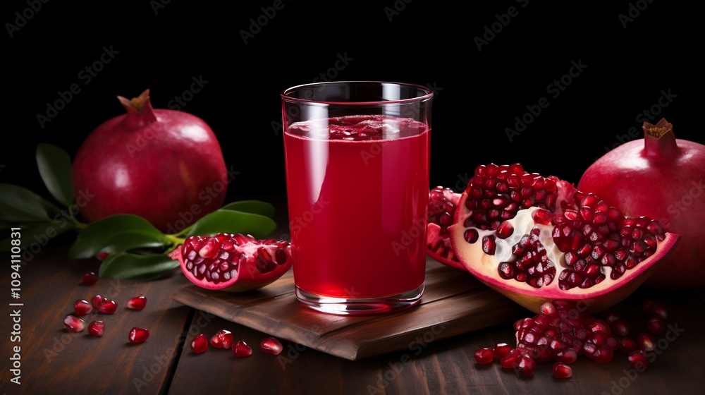Freshly Squeezed Pomegranate Juice in a Glass with Ripe Pomegranate Fruit on a Wooden Table Freshly Squeezed Pomegranate Juice in a Glass with Ripe Pomegranate Fruit on a Wooden Table
