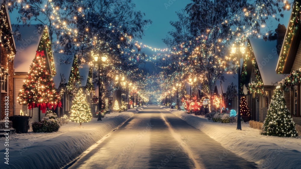 A snow covered street lined with homes adorned in vibrant Christmas lights, creating a warm holiday atmosphere A snow covered street lined with homes adorned in vibrant Christmas lights, creating a warm holiday atmosphere