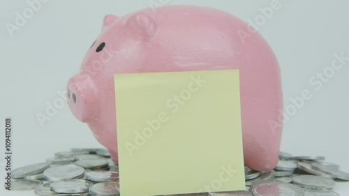 Hand Putting Yellow Note Paper in Front of Pink Piggy Bank on White Background