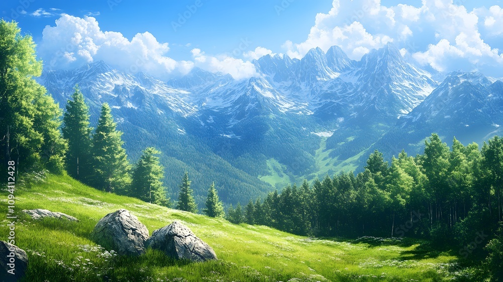 Stunning landscape of majestic mountains and lush greenery under a bright sky. Stunning landscape of majestic mountains and lush greenery under a bright sky.