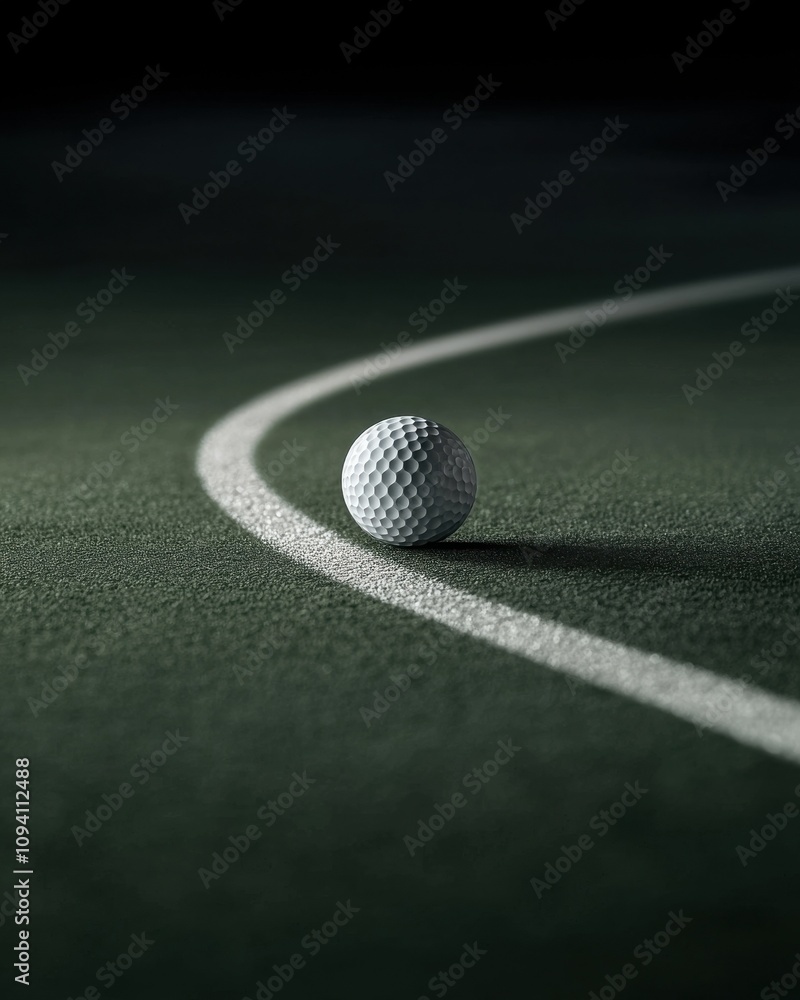 A close-up of a golf ball resting on a green surface, next to a white line, showcasing the texture and detail of the ball and the turf. A close-up of a golf ball resting on a green surface, next to a white line, showcasing the texture and detail of the ball and the turf.