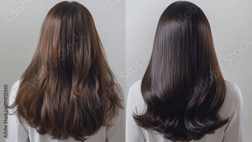 dual shot image showing woman hair transformation before and after blow dry. left side displays wavy, unstyled hair, while right side reveals smooth, shiny, and styled hair