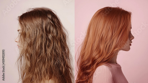 dual shot image showing woman hair transformation from frizzy to smooth after blow dry, highlighting contrast in texture and style
