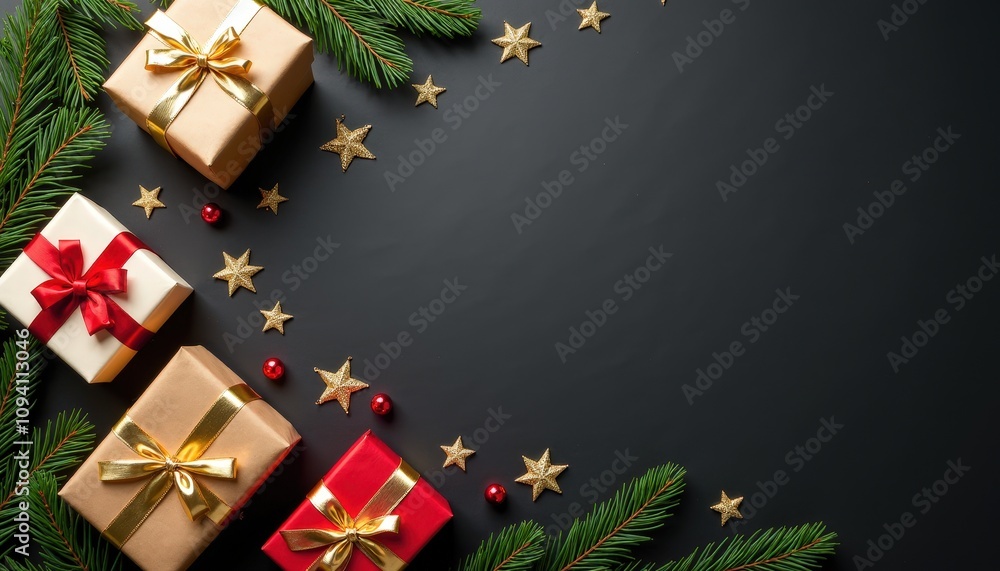 Elegant Christmas flat lay with wrapped gift boxes with gold and red ribbons pine branches and sparkling stars on a black background with room for copy. Elegant Christmas flat lay with wrapped gift boxes with gold and red ribbons pine branches and sparkling stars on a black background with room for copy.