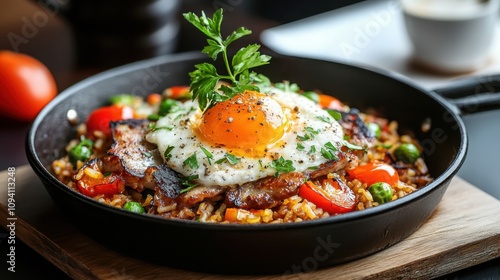 Savoring hearty paella a flavorful journey into spanish cuisine with rich tomato and bell peppers