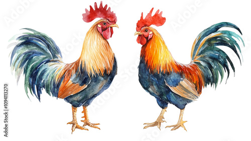 Two chickens are standing isolated