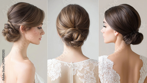 Elegant low chignon hairstyles showcase sleek, sophisticated look with hair neatly styled into bun at nape of neck, perfect for formal occasions
