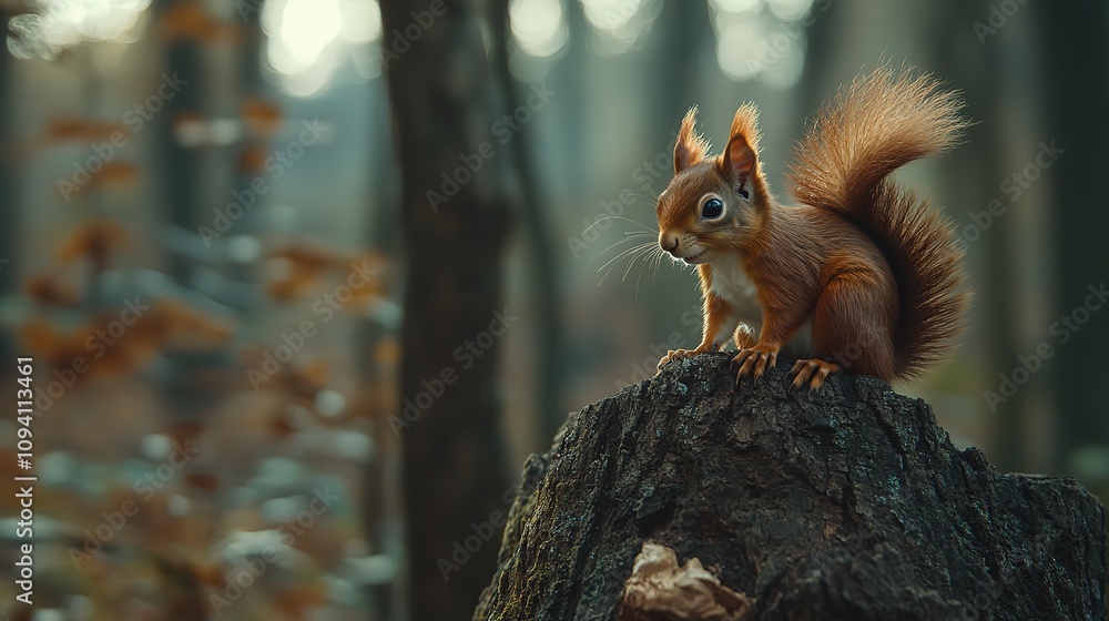 Red squirrel perched on tree stump in autumn forest. Red squirrel perched on tree stump in autumn forest.