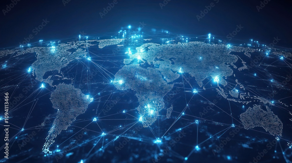 A global business network connected through cloud computing with digital visualizations of data transfer across multiple countries A global business network connected through cloud computing with digital visualizations of data transfer across multiple countries