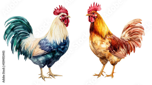 Two chickens are standing isolated