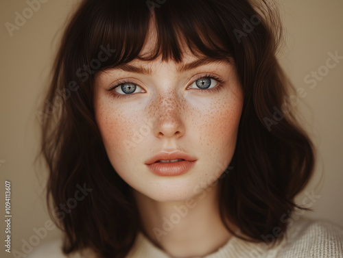 A portrait of a young woman with fair skin and freckles, featuring piercing blue eyes, soft pink lips, and smooth, natural makeup. The background is a neutral beige