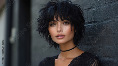 woman with stylish shag cut hairstyle featuring choppy layers stands against textured wall, exuding confidence and elegance. Her dark hair and choker add to modern, edgy look