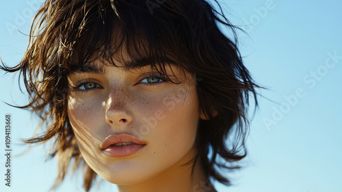 woman with shag cut hairstyle and choppy layers gazes confidently at camera under clear blue sky. Her textured hair and natural freckles add to her striking appearance