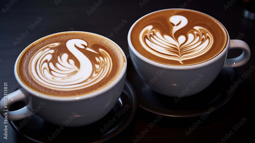 Delicate Swan and Rosetta Latte Art Designs in Ceramic Coffee Cups Delicate Swan and Rosetta Latte Art Designs in Ceramic Coffee Cups