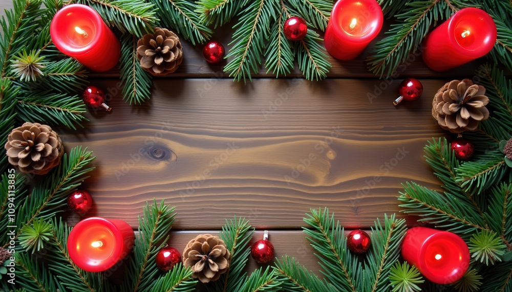 Top view of a Christmas table setting with red candles pinecones and Christmas ornaments with plenty of room for copy or holiday greeting text. Top view of a Christmas table setting with red candles pinecones and Christmas ornaments with plenty of room for copy or holiday greeting text.