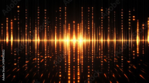Abstract visualization of sound waves with glowing orange and yellow elements.