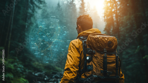 A hiker using a smart band to track steps, heart rate, and calories burned while navigating rugged terrain, with augmented reality projections of their hiking route and stats photo