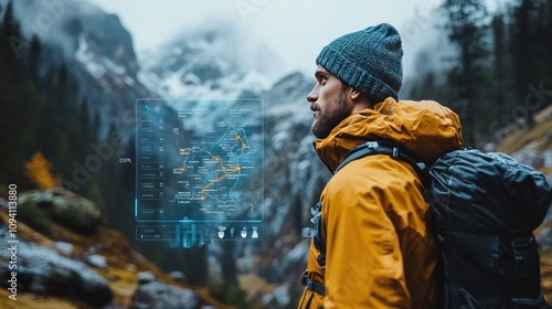 A hiker using a smart band to track steps, heart rate, and calories burned while navigating rugged terrain, with augmented reality projections of their hiking route and stats photo