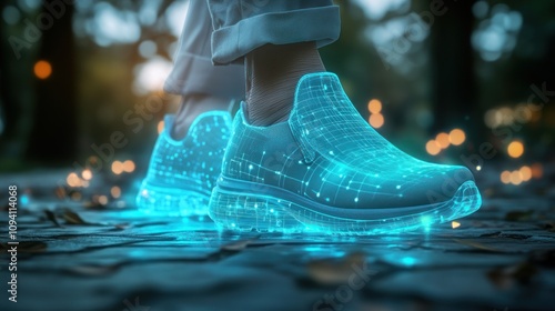 A pair of smart shoes for elderly individuals that monitor gait, balance, and fall risks, with real-time data displayed in augmented reality to caregivers and healthcare professionals photo