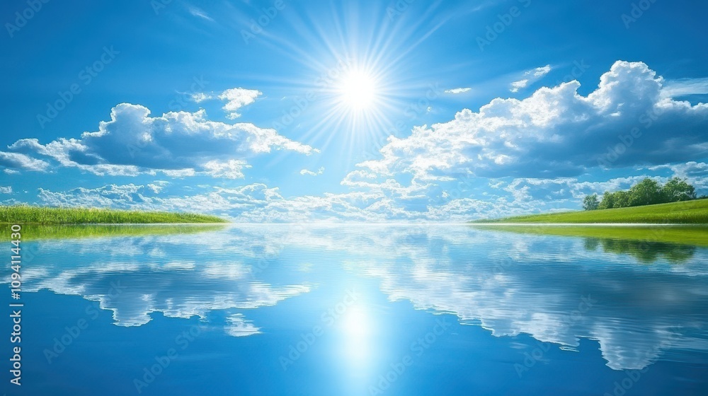 A serene landscape featuring a bright sun reflecting on calm waters and fluffy clouds. A serene landscape featuring a bright sun reflecting on calm waters and fluffy clouds.