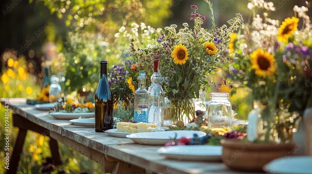 Rustic outdoor table set for summer dinner party with wildflowers, wine, cheese, and fruit. Rustic outdoor table set for summer dinner party with wildflowers, wine, cheese, and fruit.