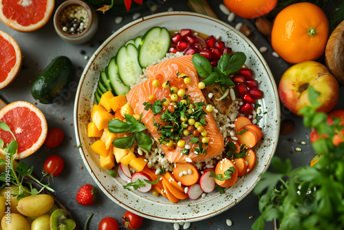 A beautiful spread of food and fresh fruits and vegetables on a table, showcasing a colorful array of natural foods and ingredients for a delicious recipe
