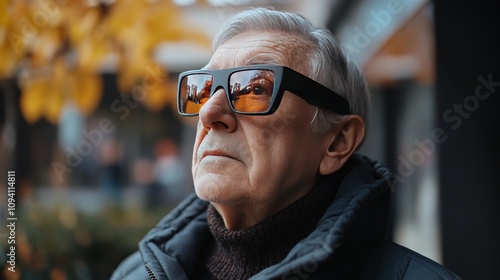 A senior citizen wearing smart glasses that enhance vision and provide real-time assistance for navigation and reading, with augmented reality overlays of enlarged text and route guidance photo