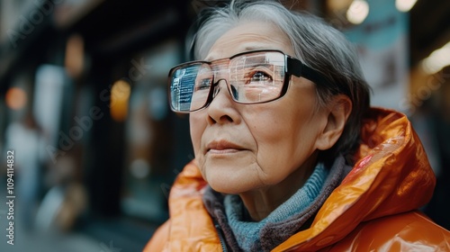 A senior citizen wearing smart glasses that enhance vision and provide real-time assistance for navigation and reading, with augmented reality overlays of enlarged text and route guidance photo