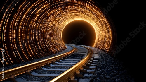 Golden Railroad Tunnel Digital Data Stream Futuristic Travel Concept
