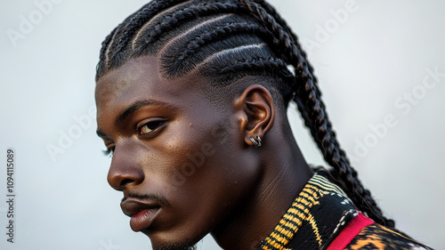 man with braided hairstyle and shaved sides looks confidently to side, showcasing contemporary and stylish appearance. His expression is calm and self assured