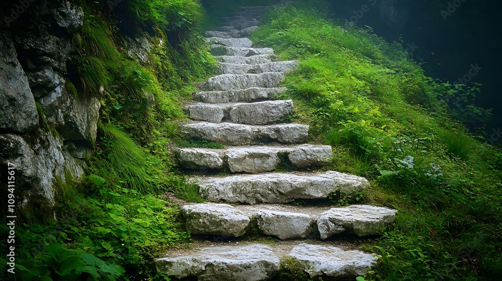 Obraz premium Serene stone steps winding through lush greenery in a misty forest.