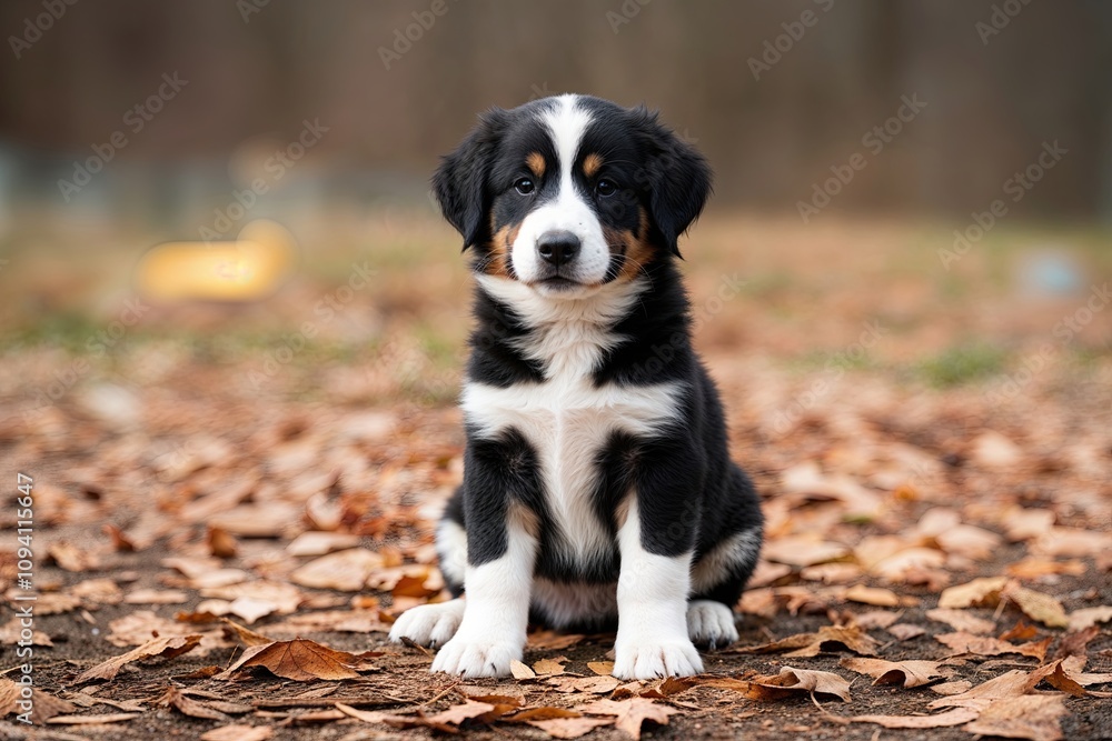 Adorable Playful Black and White Puppy Sitting in Nature Outdoors Adorable Playful Black and White Puppy Sitting in Nature Outdoors