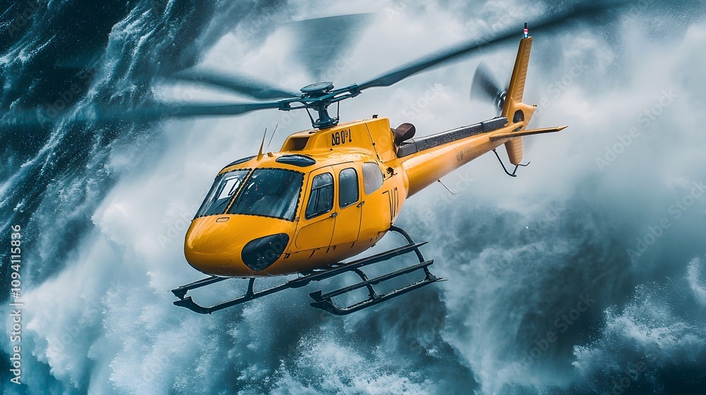 A yellow helicopter hovering above tumultuous ocean waves. A yellow helicopter hovering above tumultuous ocean waves.