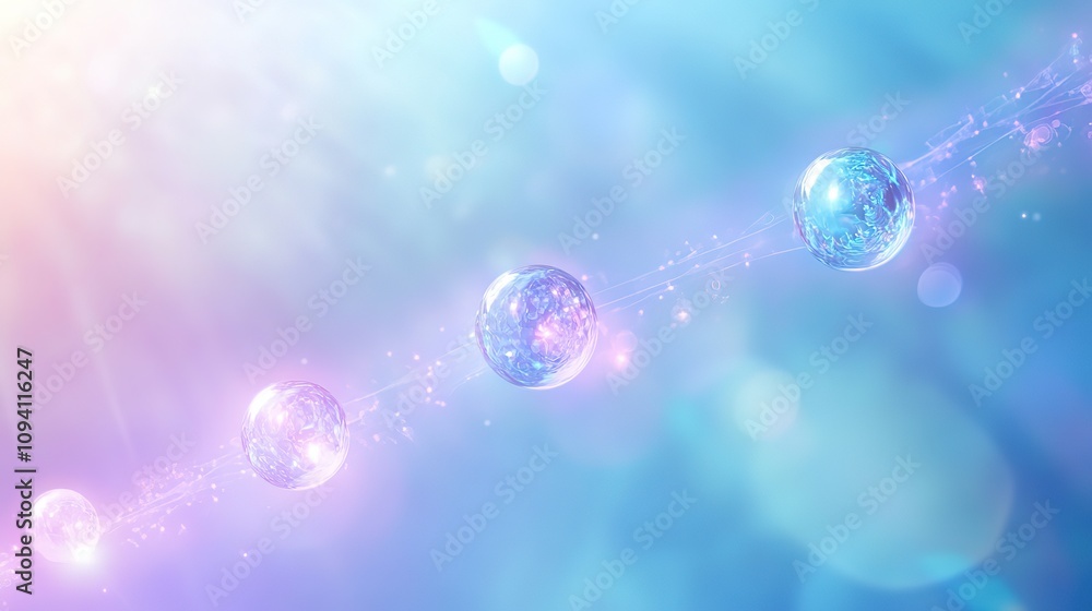 Three glowing orbs connected by light trails on a pastel background. Three glowing orbs connected by light trails on a pastel background.