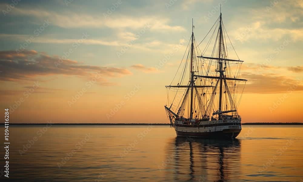Serene Oldfashioned Sailing Ship on a Tranquil Sunset Sea Adventure Landscape : Generative AI Serene Oldfashioned Sailing Ship on a Tranquil Sunset Sea Adventure Landscape : Generative AI