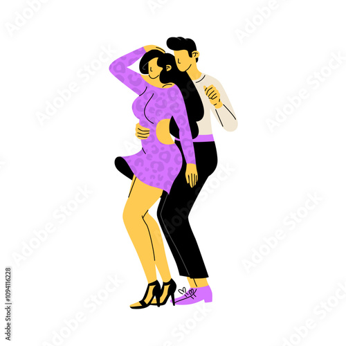 Couple dancing bachata. Man and woman actively spending time together. Dance party or Latin dance lessons. Vector illustration isolated on transparent background.