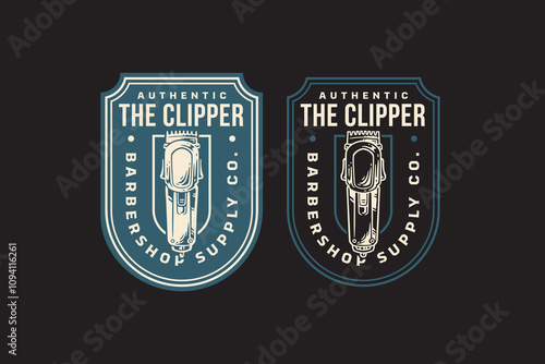 modern clipper trimmer barber tool retro badge logo design set for barbershop, salon, haircut, shaves, hairdressing, hipster, gentleman, beauty. hair clipper barber equipment vintage emblem logo