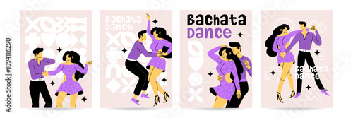 Set of 4 posters for bachata party. Man and woman actively spending time together. Couple dancing sensual romantic dance. Latin dance lessons. Vector illustration isolated on bright background.