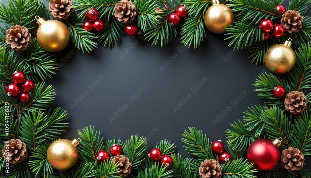 Christmas wreath arrangement with pinecones red berries and gold ornaments on a dark background with room for your personalized holiday greeting. Christmas wreath arrangement with pinecones red berries and gold ornaments on a dark background with room for your personalized holiday greeting.