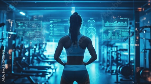 Gym goers use fitness trackers to track strength training sessions, with real-time data on reps, sets and muscle activity displayed on a futuristic interface.