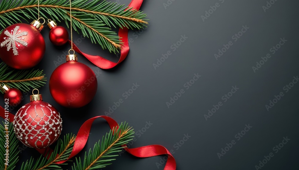 Elegant flat lay of Christmas ornaments with red ribbons and gold accents on a dark background leaving space for personalized holiday messages. Elegant flat lay of Christmas ornaments with red ribbons and gold accents on a dark background leaving space for personalized holiday messages.