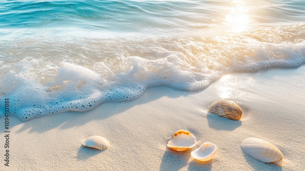 A serene beach scene with seashells and gentle waves under a warm sun.