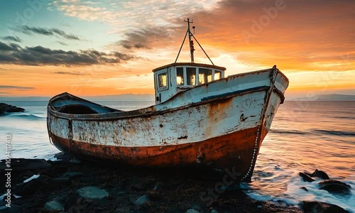 Rustic Fishing Boat on Rocky Shore at Sunset Epitomizing Maritime Heritage and Coastal Mystique : Generative AI